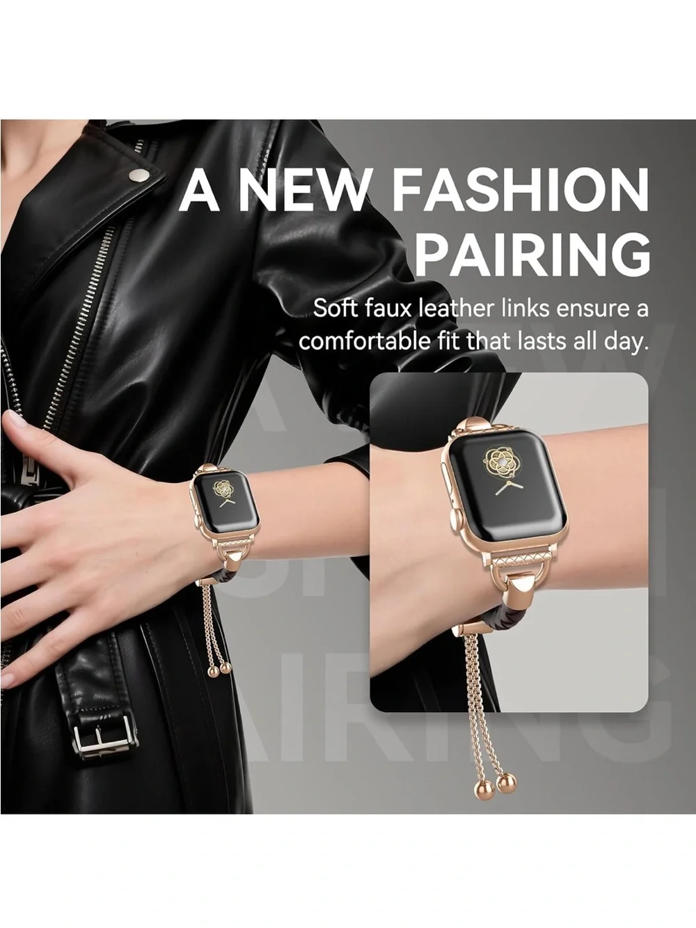 Leather and Metal Band Compatible with Apple Watch Bands for Women, Adjustable D